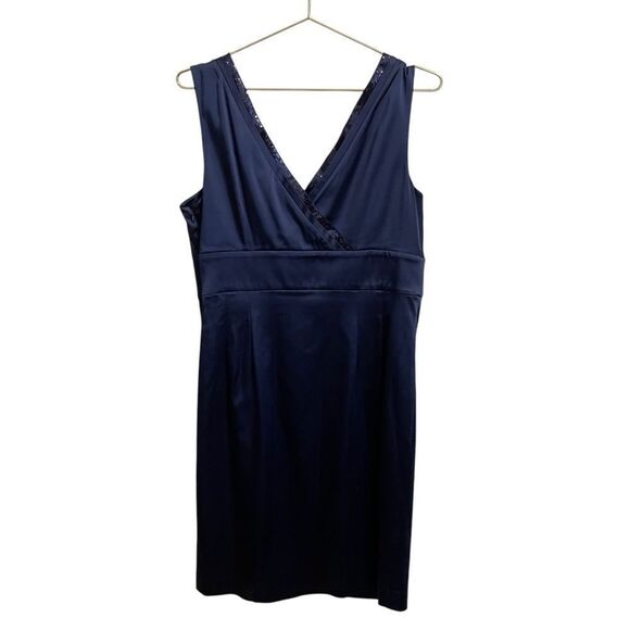 Calvin Klein Sheath Dress Royal Blue Satin Sequin V Neck Trim Sleeveless Size 14 - Picture 5 of 8